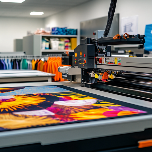 DTF printing machine transferring a colorful design onto a gang sheets