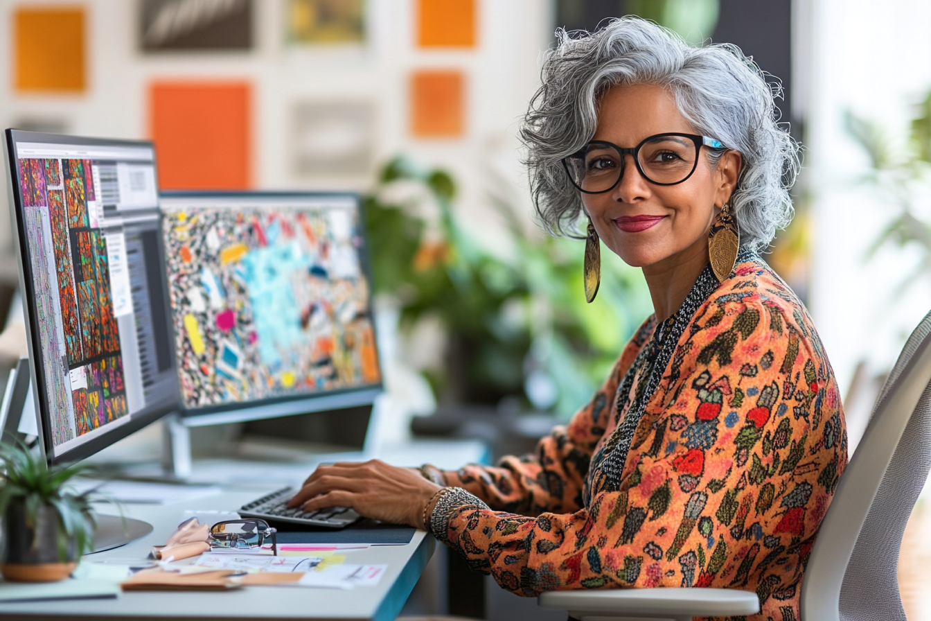 Experienced designer with stylish silver hair smiling while creating colorful DTF patterns on dual monitors. 