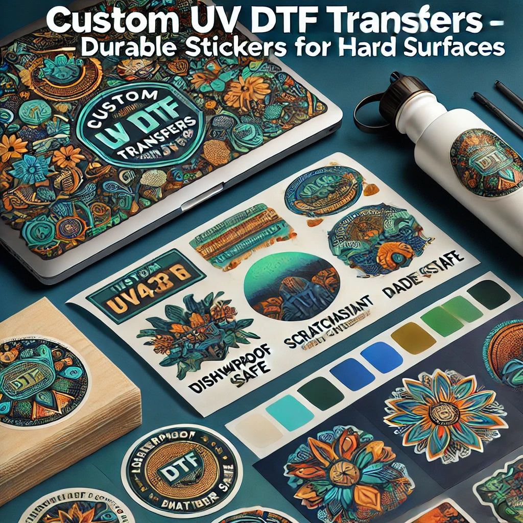 Product image for Custom UV DTF Transfers – Durable Stickers for Hard Surfaces, featuring colorful UV DTF stickers applied to a laptop, water bottle, and wooden box. Highlights include waterproof, scratch-resistant, and fade-proof qualities with icons for features like 'Dishwasher Safe' and 'Durable Finish.' Clean and modern design with branding colors: deep green, gold, and navy blue.