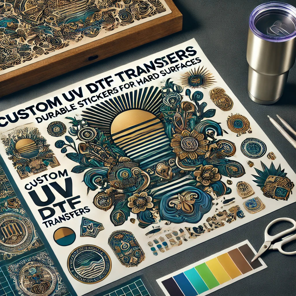 Sheet of ornate UV DTF transfers featuring intricate teal and gold designs with sun motif, displayed with tumbler, color swatches, and wooden panel showing applied transfer