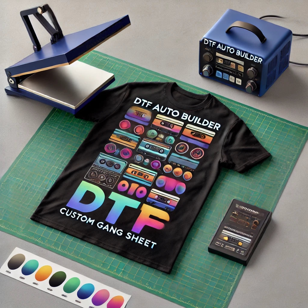 Black t-shirt with colorful DTF Auto Builder design showing control panels and buttons, displayed with heat press, color gradient chart, and DTF Auto Builder machine