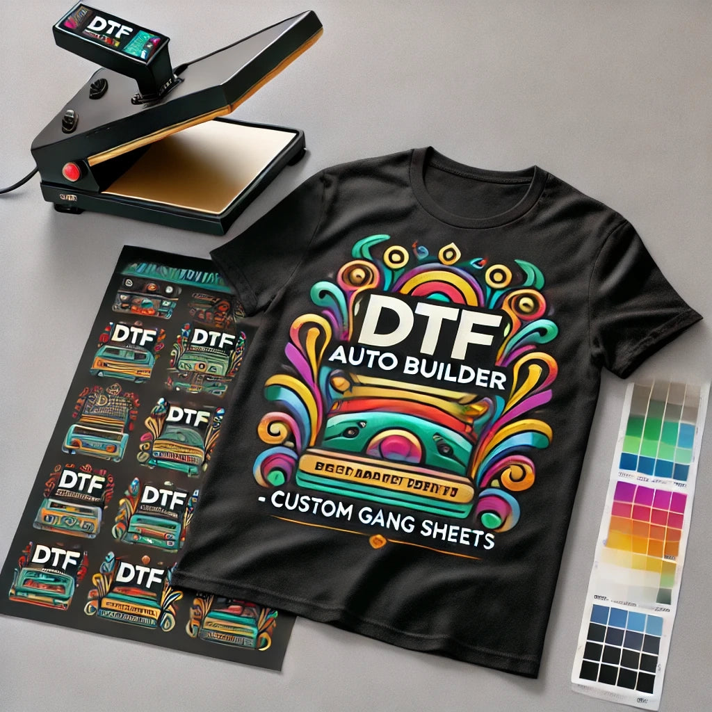 Black t-shirt with vibrant DTF Auto Builder design featuring colorful swirls and patterns, shown alongside gang sheet of matching transfers, heat press, and color swatch guide