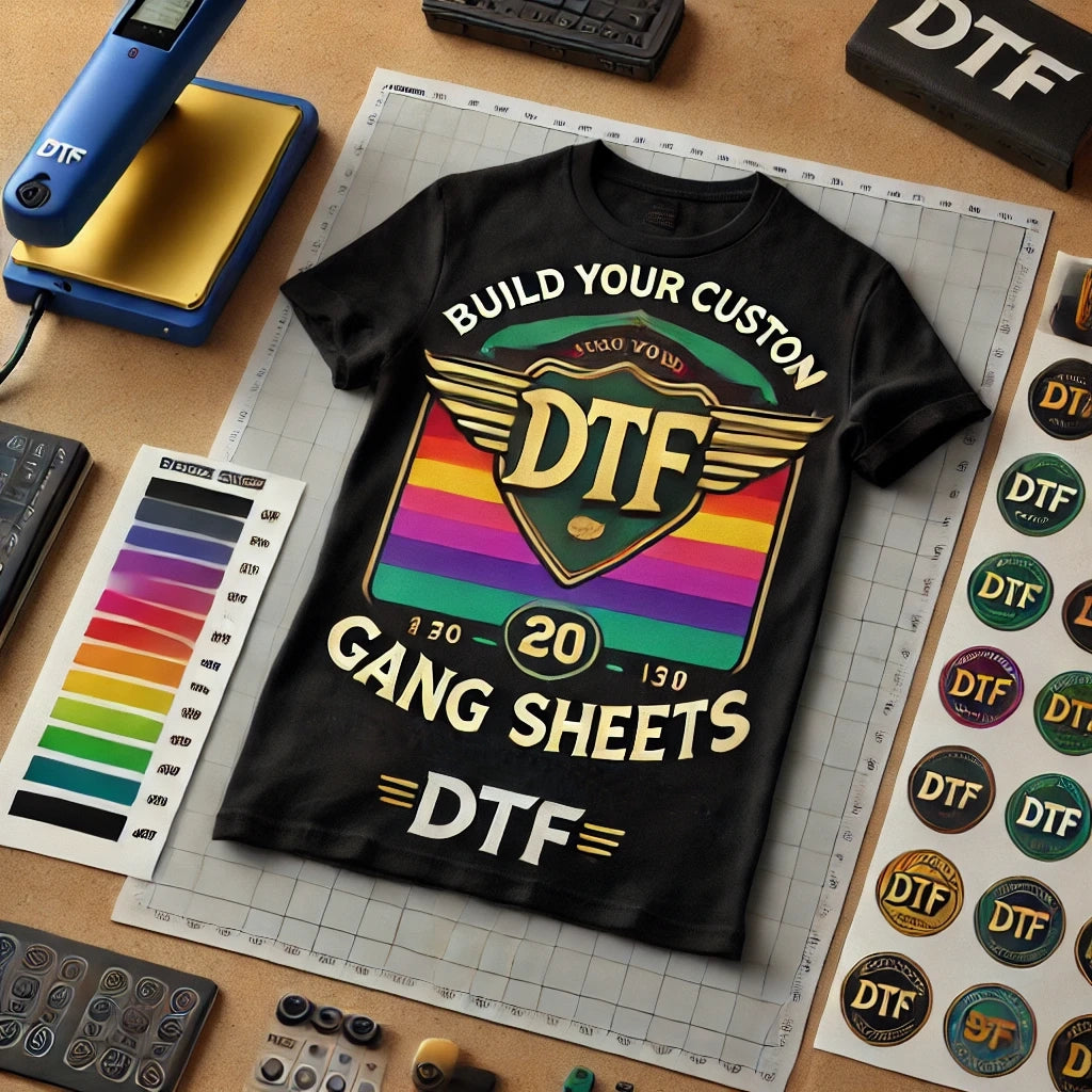 Black t-shirt displaying 'Build Your Custom DTF Gang Sheets' design with rainbow stripes and gold wings, surrounded by DTF printing supplies including color swatches and heat press