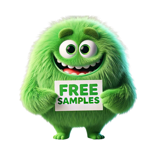 Happy green furry mascot holding FREE SAMPLES sign, promoting EzPrintHouz customer offers