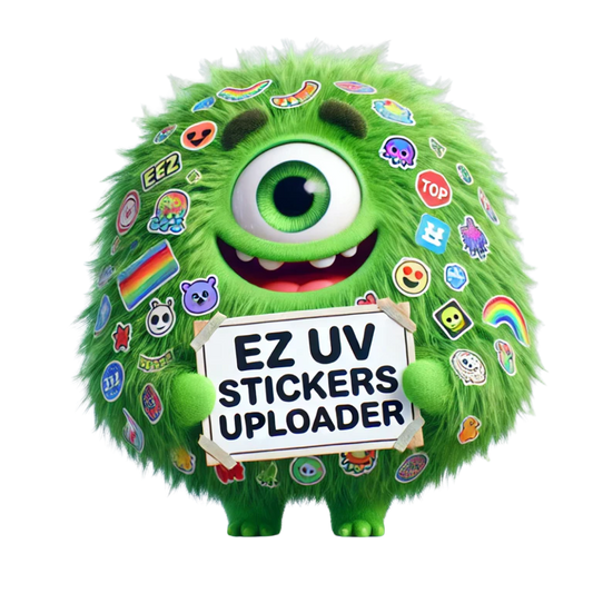 Playful green mascot covered in stickers displaying EZ UV STICKERS UPLOADER sign