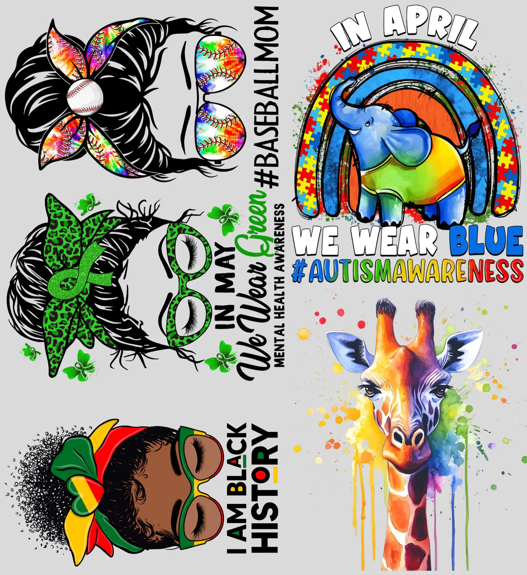 Baseball Mom, Mental Health, Autism, Black History & Giraffe Art | Ready-to-Print Mix Designs | 22x24 - EzPrintHouz