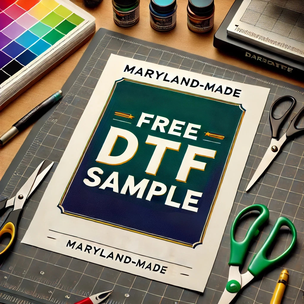 Free DTF sample offer displayed on green and navy design with gold accents, surrounded by crafting tools including color swatches, scissors, and ink bottles on cutting mat