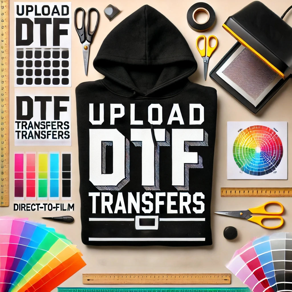 Black hoodie with 'Upload DTF Transfers' design surrounded by DTF printing essentials including color swatches, rulers, scissors, tape, and transfer samples on beige background