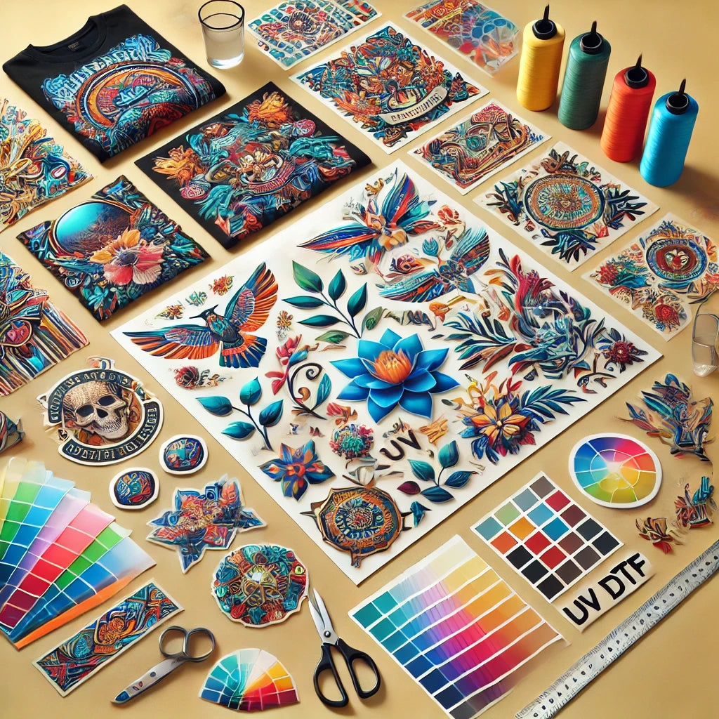 Artistic UV DTF transfer collection featuring vibrant turquoise and orange designs of lotus flowers, hummingbirds, and skulls, shown with finished t-shirt, color charts, and UV DTF inks